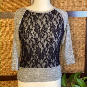 A.Byer gray med sweater wirh black lace overlay on front